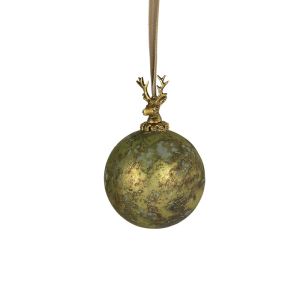 Glass decoration ball with deer, antique green 10 cm