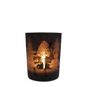 Skleněný svícen na čajovou svíčku s motivem sobů výška 8 cm průměr 7,5 cm