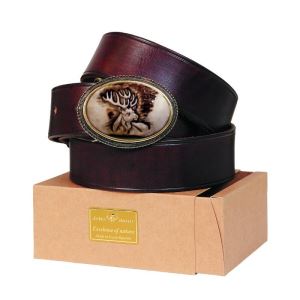 Leather belt 40 mm with oval antler buckle with engraved deer head 51