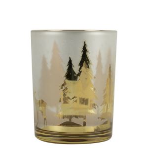 Candle holder for tea light, medium, golden spruce with deer 12 cm