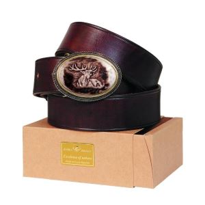 Leather belt 40 mm with antler buckle with engraved roe deer 52