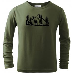 Children's cotton T-shirt with long sleeves, printed with deer in the forest, size 10 y
