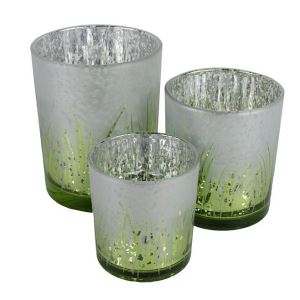 Skleněný svícen na čajovou svíčku stříbrno zelený s motivem trávy malý 7x7x8 cm