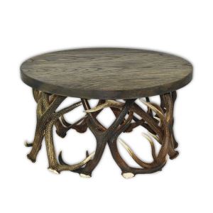 Round antler coffee table with an oak wood top in a mud shade