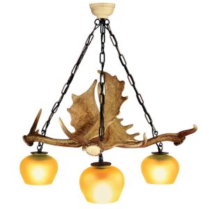 Fallow deer antler chandelier with 3 lamps and metal chain