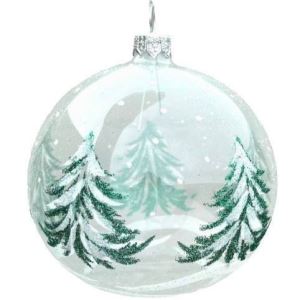 Skleněná vánoční ozdoba koule čirá s motivem smrku, 9 cm 6 ks