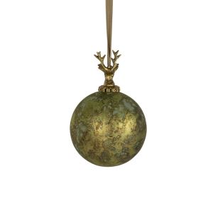 Glass decoration ball with deer, antique green 12 cm