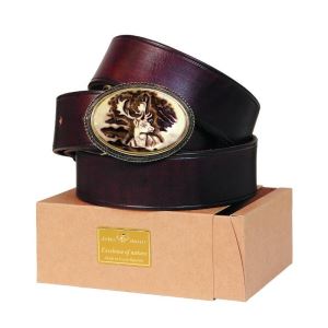 Leather belt 40 mm with oval antler buckle with engraved fallow deer 54