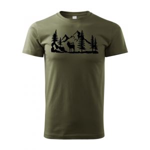 Bavlněné tričko s potiskem, jelen v lese, velikost S