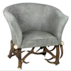 Deer antler armchair ARTURE Dominator upholstered in genuine leather Grey
