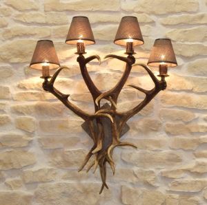Deer wall lamp with 4 candle lamps,  wood no. 13 oldwood