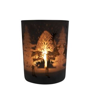Glass candle holder for tea light with reindeer motif height 12,5 cm diameter 10 cm