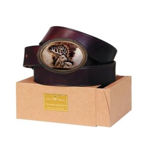 Leather belt with antler buckle with engraved deer