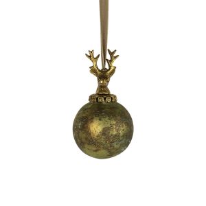 Glass decoration ball with deer, antique green 8 cm