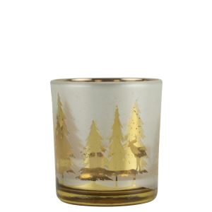 Svícen na čajovou svíčku, malý, motiv zlatý smrk s jelenem, 8 cm