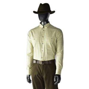 Men's long-sleeved shirt, beige, green-brown check, size 42