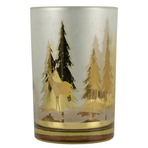 Candle holder for tea light, medium, golden spruce with deer 18 cm