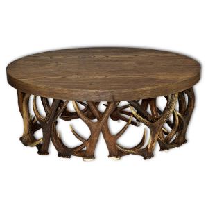 Oval antler coffee table with a solid wood oak top in a brown shade