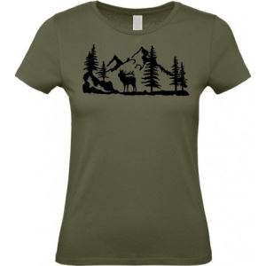 Dámské bavlněné slim tričko s potiskem jelena v lese, vel. S