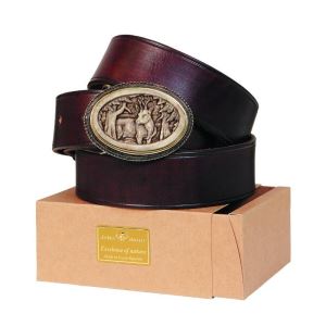 Leather belt 40 mm with antler buckle with engraved roe deer 03