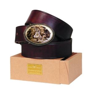 Leather belt 40 mm with antler buckle with engraved chamoise 55