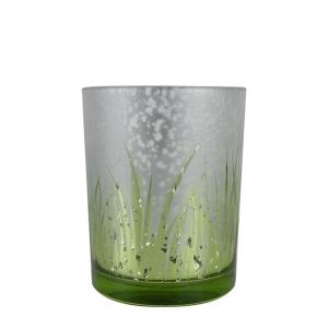 Skleněný svícen na čajovou svíčku stříbrno zelený s motivem trávy střední 8x8x10 cm