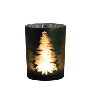 Zelený skleněný svícen na čajovou svíčku s motivem lesa střední 8 x 8 x 10 cm