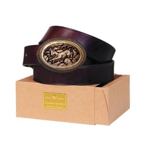 Leather belt with antler buckle with engraved chamois 08