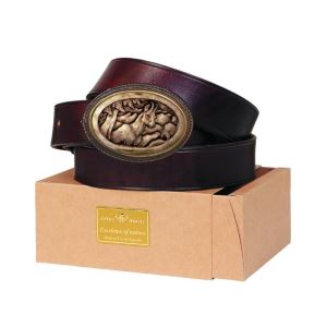 Leather belt with antler buckle with engraved chamois 09