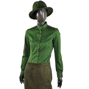 Women's blouse with long. sleeve, dark green with print, size 34